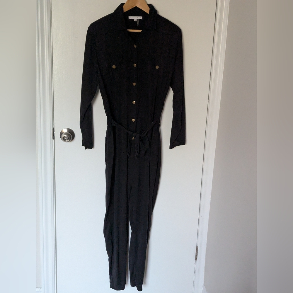 Young Fabulous & Broke Black Button-Front Utility Jumpsuit with Tie Waist